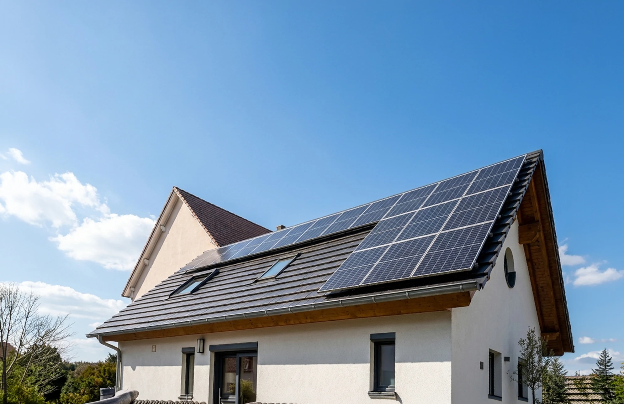 Maison individuelle moderne avec toiture en pente couverte de panneaux photovoltaïques monocristallins, disposés en deux rangées