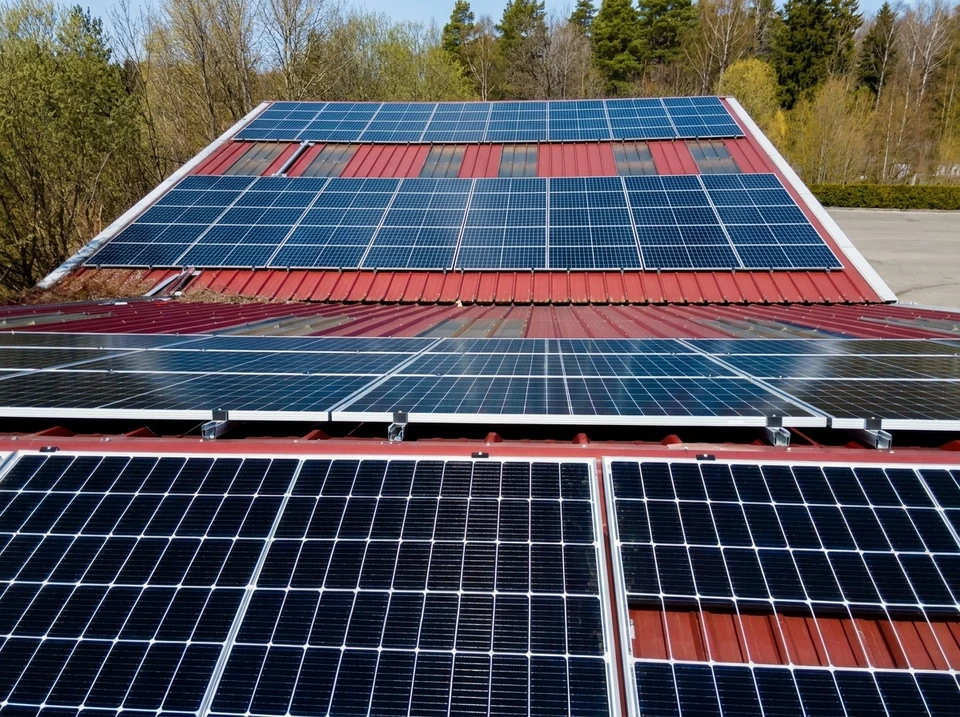 Photo extérieure montrant un professionnel ou une équipe de techniciens en haut d'un bâtiment résidentiel ou commercial en train d'installer ou d'inspecter des panneaux solaires photovoltaïques sur une toiture, dans une lumière naturelle de jour. L'image doit transmettre un sentiment de professionnel expérimenté, de compétence et d'envergure régionale/nationale.