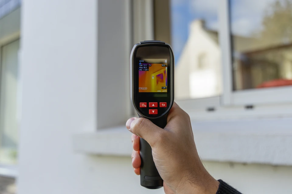 Un technicien utilise une caméra thermique infrarouge à écran couleur dans un compartiment moteur automobile